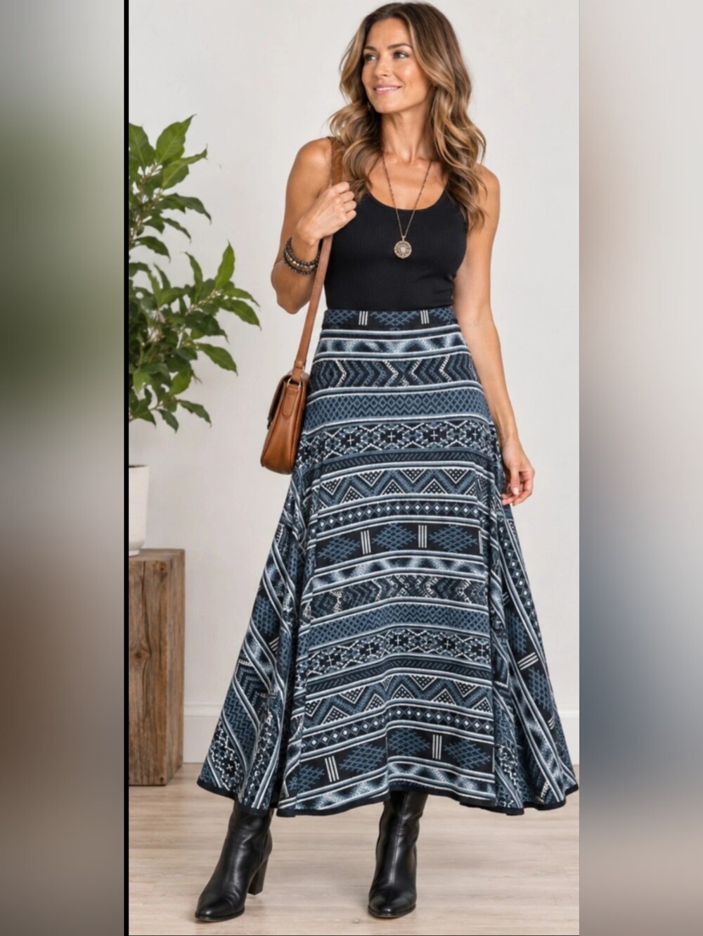 Peruvian Connection Geometric A-Line Long Skirt Cotton Blend Black Blue S